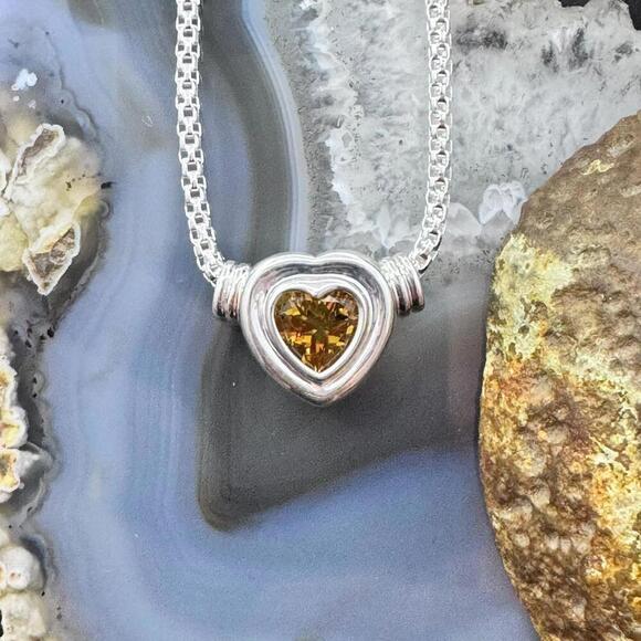 Carolyn Pollack Sterling Silver Faceted Citrine Slide Heart Pendant W/Necklace - Picture 2 of 10